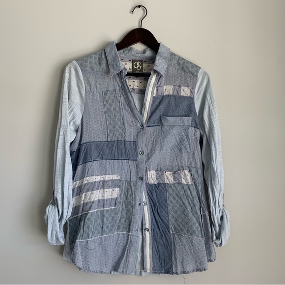 Anthropologie One September Medium Patchwork Buttondown Cotton Blue Blouse - Picture 3 of 4